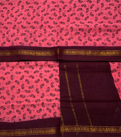 9 yards Cotton Saree Peach Colour with Brown Border