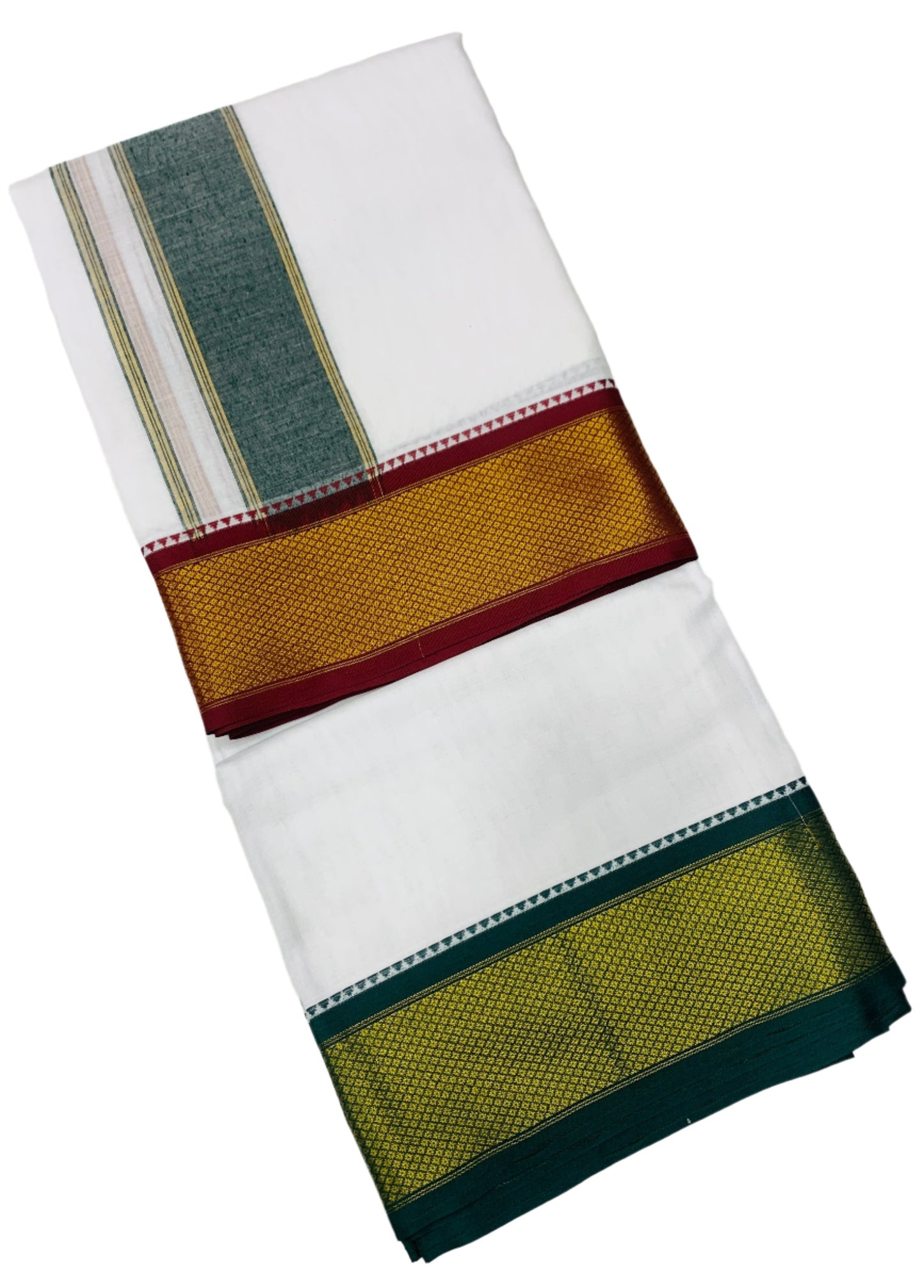 10X6 Cotton Dhoti White Colour with Large Maroon and Green Border