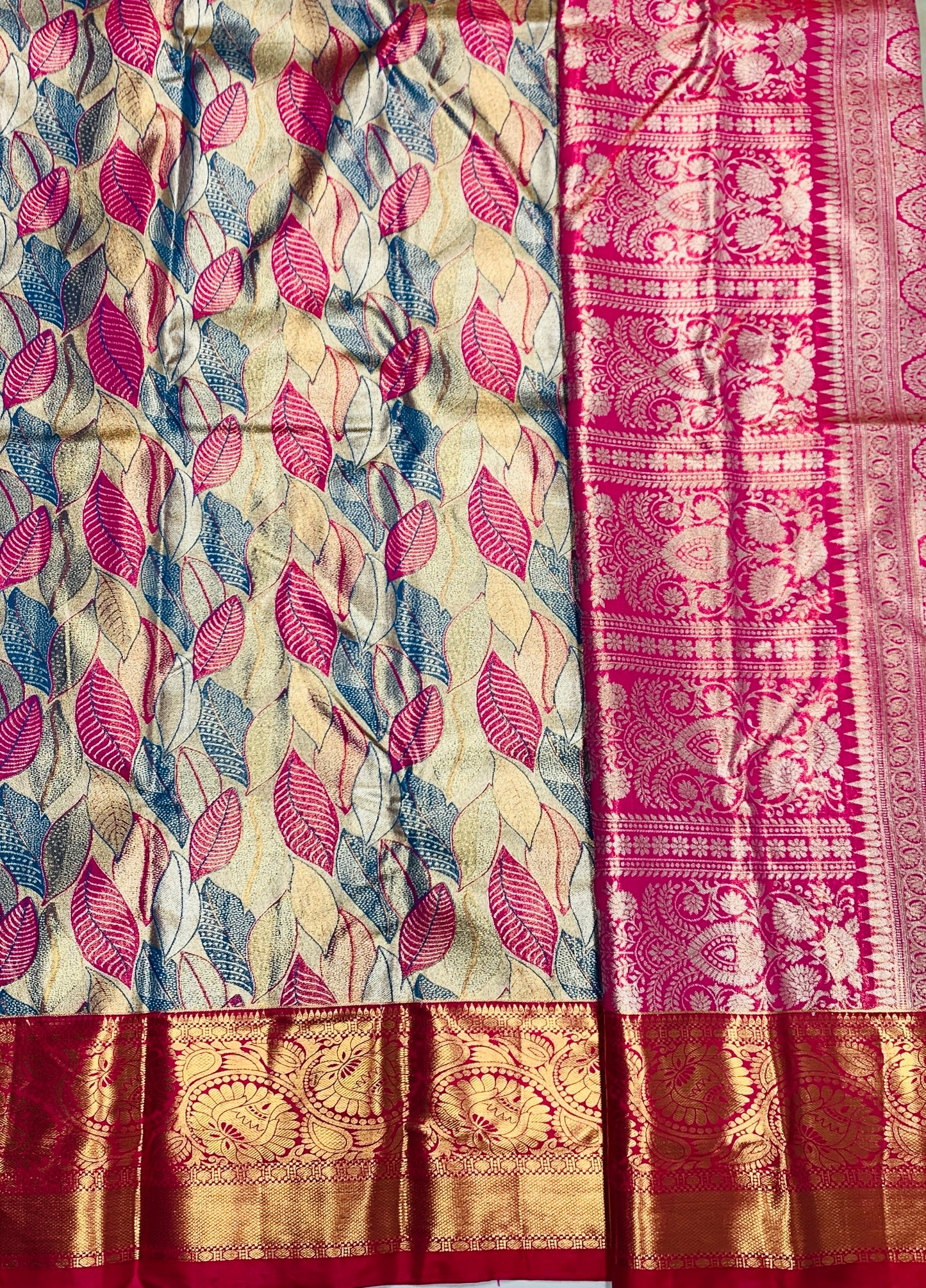 Sky Blue & Pink Leaf Soft Kanchi Tissue Pattu Saree with Pink border