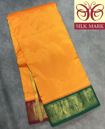 9X5 Pure Silk Dhoti Mango Yellow Colour with Green and Maroon Ganga Jamuna Border