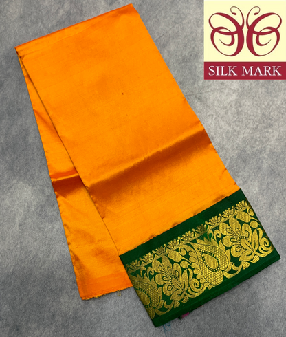 Mango Yellow Shade Pure Kanchipuram Kids Pattu Pavadai with Contrast Border for Newborn to 2 Years