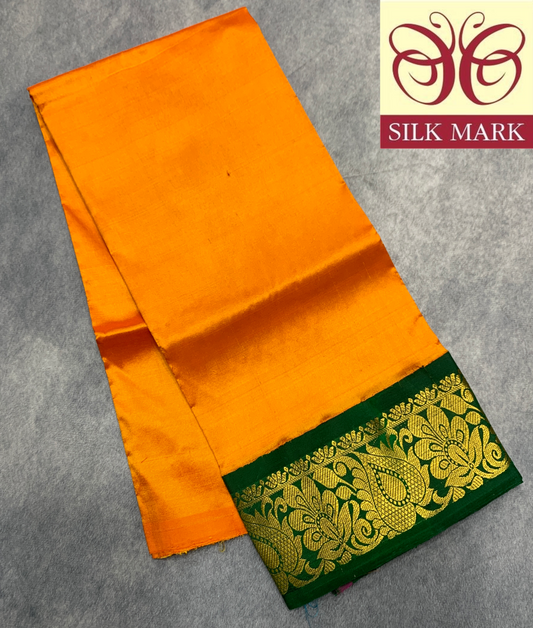 Mango Yellow Shade Pure Kanchipuram Kids Pattu Pavadai with Contrast Border for Newborn to 2 Years