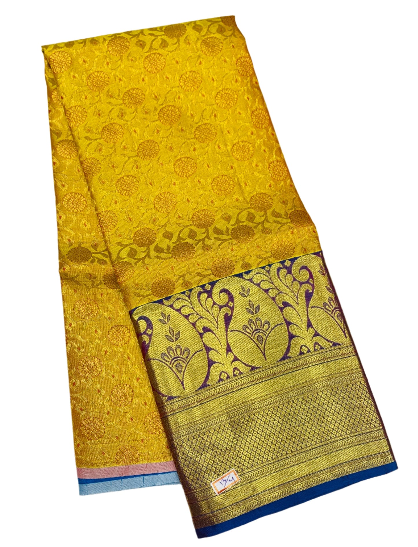 Yellow shade Pure Kanchipuram Kids Pattu Pavadai with contrast border for age 5 to 10