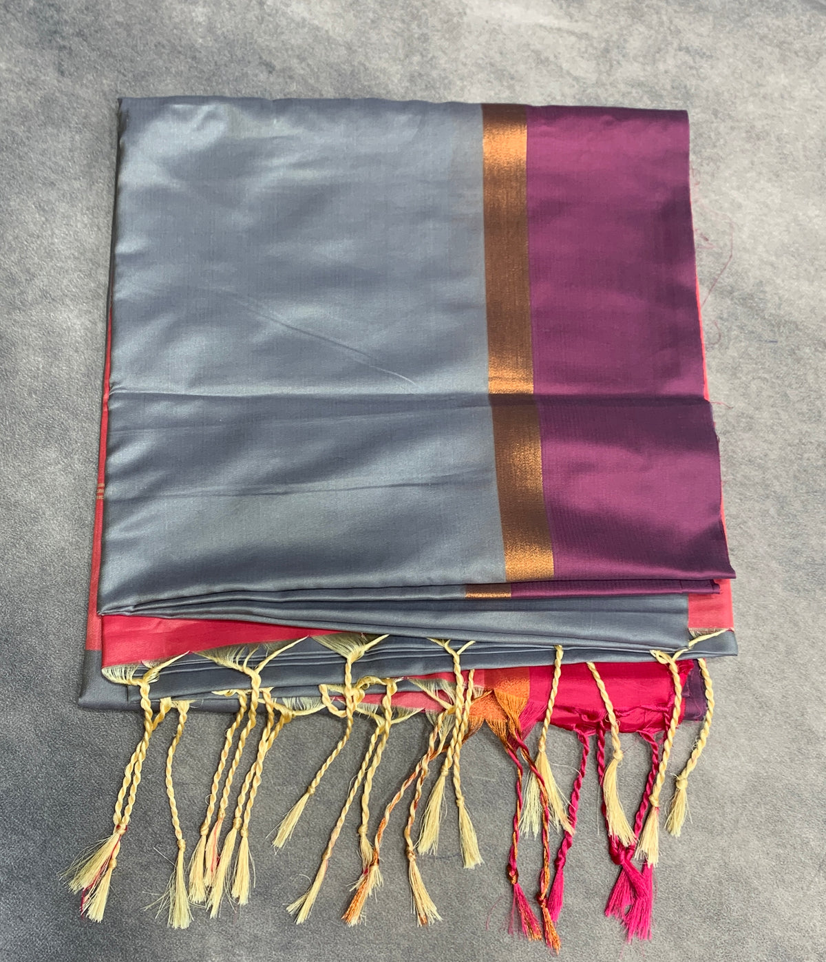 Art Silk Saree Gray Colour with Magenta and Copper Border