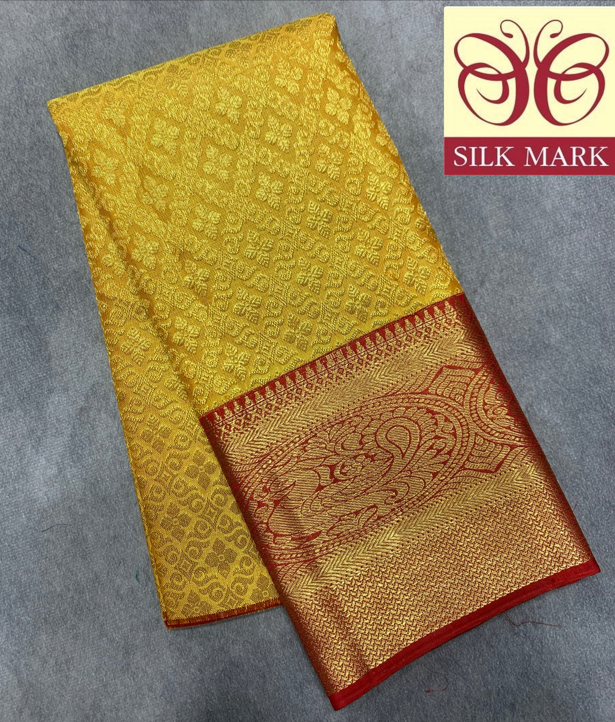 Golden Yellow Shade Pure Kanchipuram Kids Pattu Pavadai with Contrast Border for Newborn to 2 Years