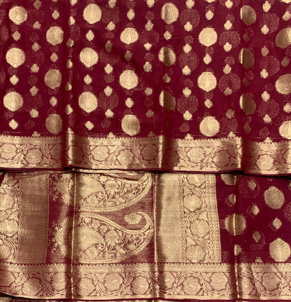 Georgette Saree  Maroon Colour with Sliver Floral Design Border