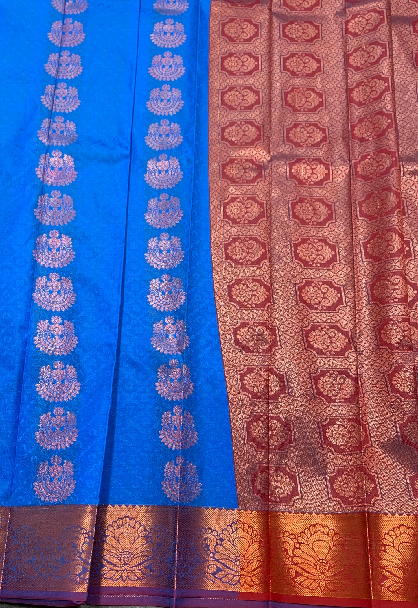 Vegan Silk Saree Royal Blue Colour Saree with Copper and Floral Design