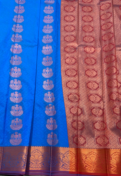 Vegan Silk Saree Royal Blue Colour Saree with Copper and Floral Design