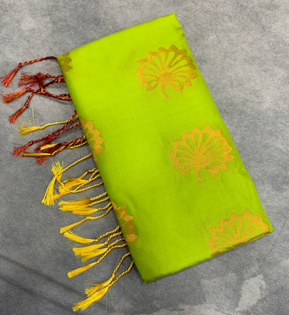 Soft Vegan Silk Saree Light Green Colour with Peach and Copper Border