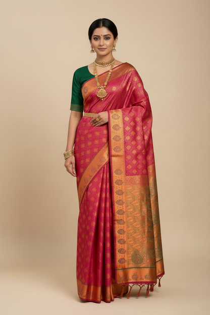 Vegan Silk Saree Pink Colour with Light Green and Copper Border