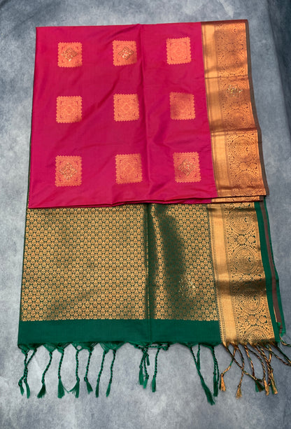 Soft Vegan Silk Saree Pink Colour with Green and Copper Border