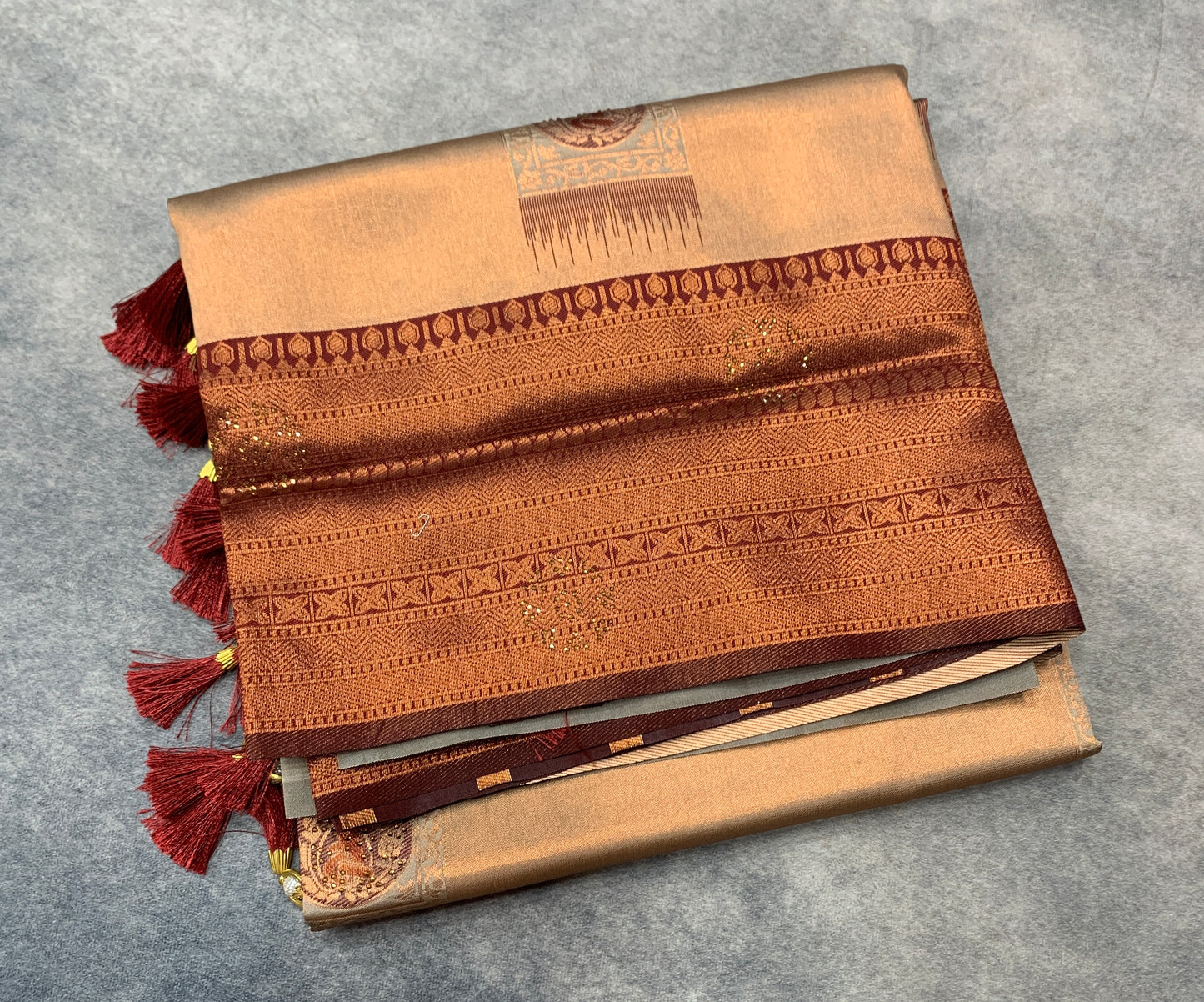 Art Silk Saree Sandal Colour and Stone Work with Maroon Border