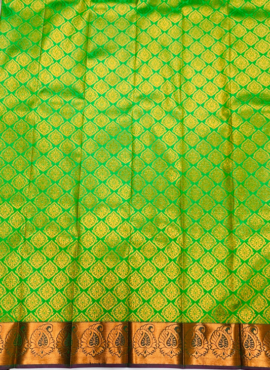 Vegan Silk Saree Apple Green Colour with Copper and Brown Border