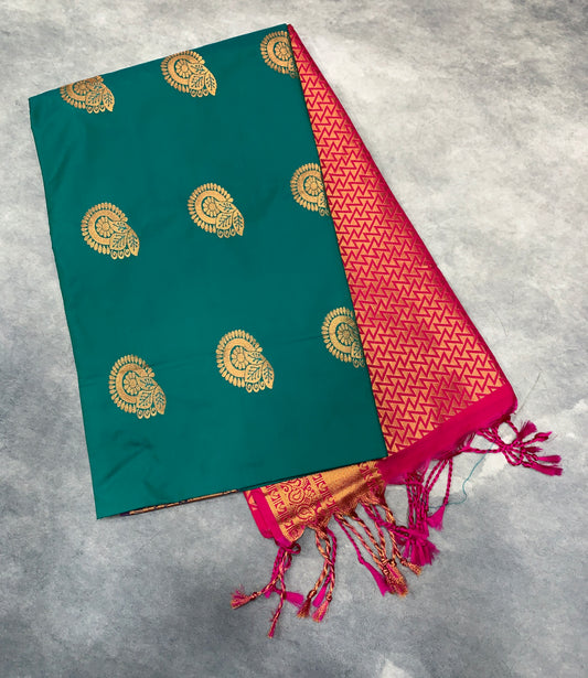 Soft Vegan Silk Saree Rama Green Colour with Pink and Copper Border