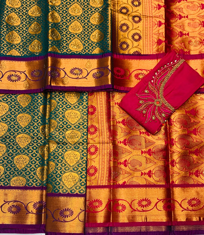 Bridal Vegan Silk Saree Green shade with Purple Border with Unstitched blouse in Aari work