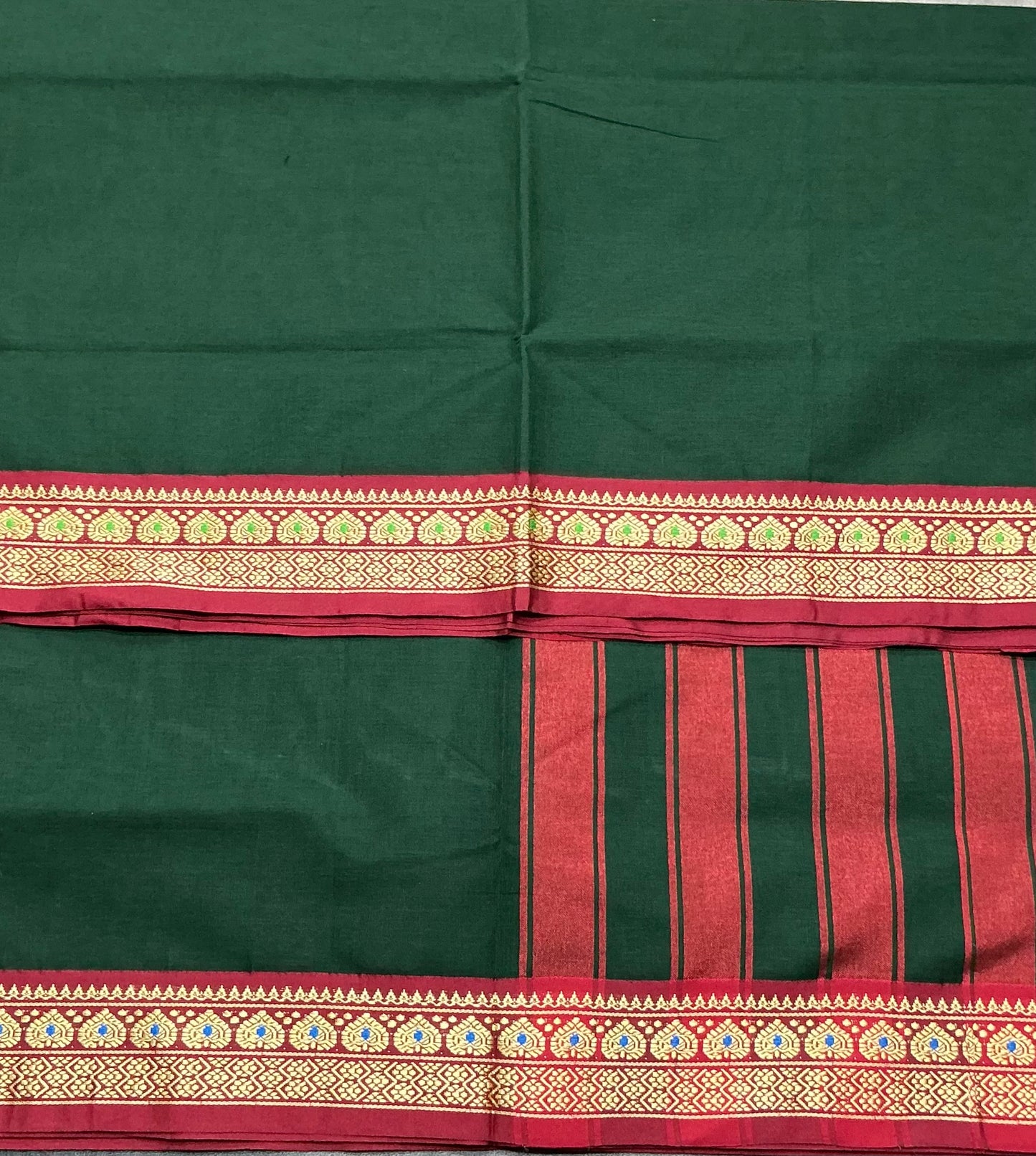 Chettinad Cotton Saree Green Colour with Red Colour with Thread Work Border