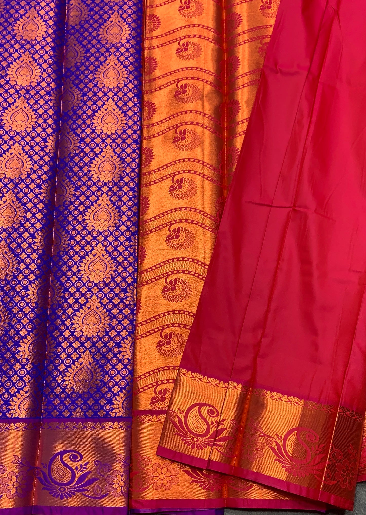 Vegan Silk Saree Violet Colour with Pink and Copper Border