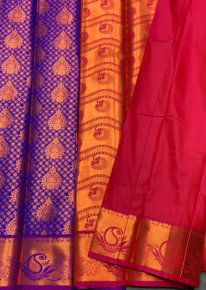 Vegan Silk Saree Violet Colour with Pink and Copper Border