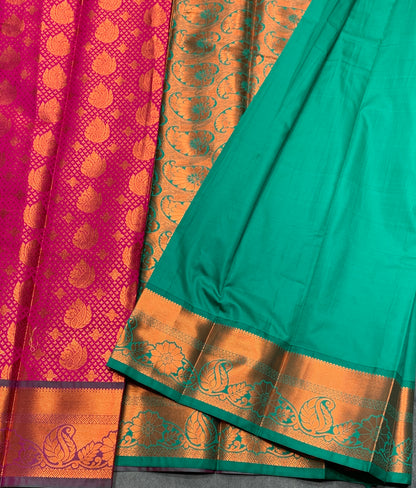 Vegan Silk Saree Pink Colour with Green and Copper Border