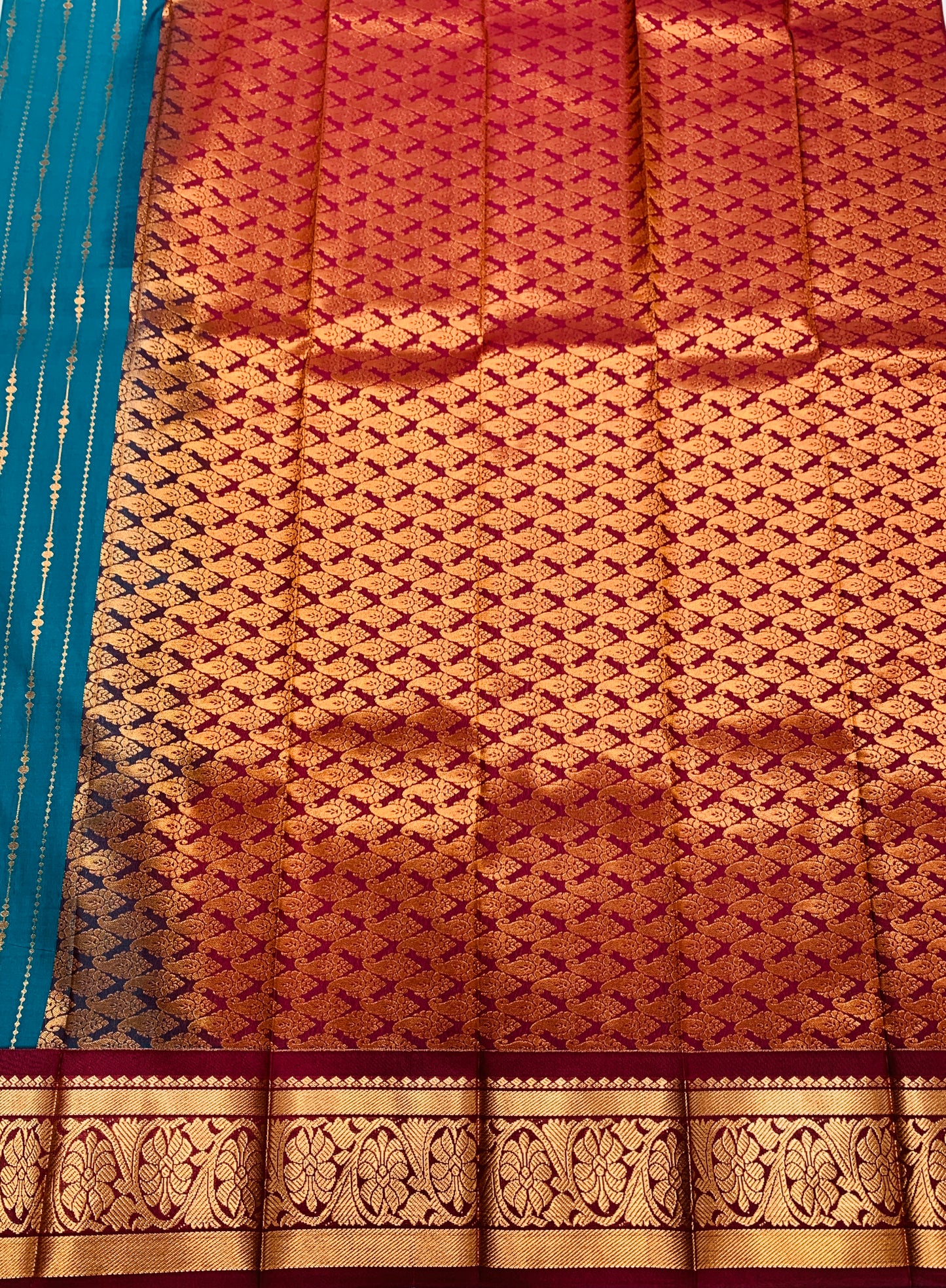 Vegan Silk Saree Rama Blue with Maroon Border and Flower Design