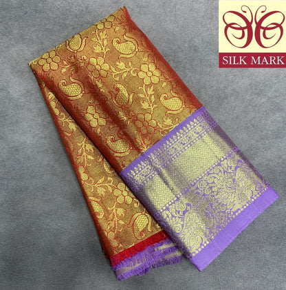 Reddish Orange Shade Pure Kanchipuram Kids Pattu Pavadai with Contrast Border for Newborn to 2 Years