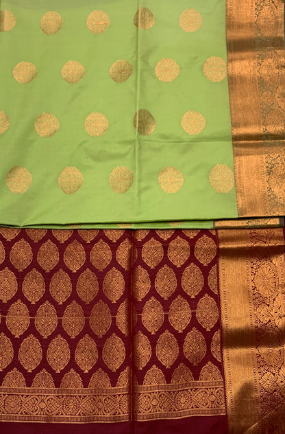 Soft Vegan Silk Saree Pista Green Colour with Copper Border