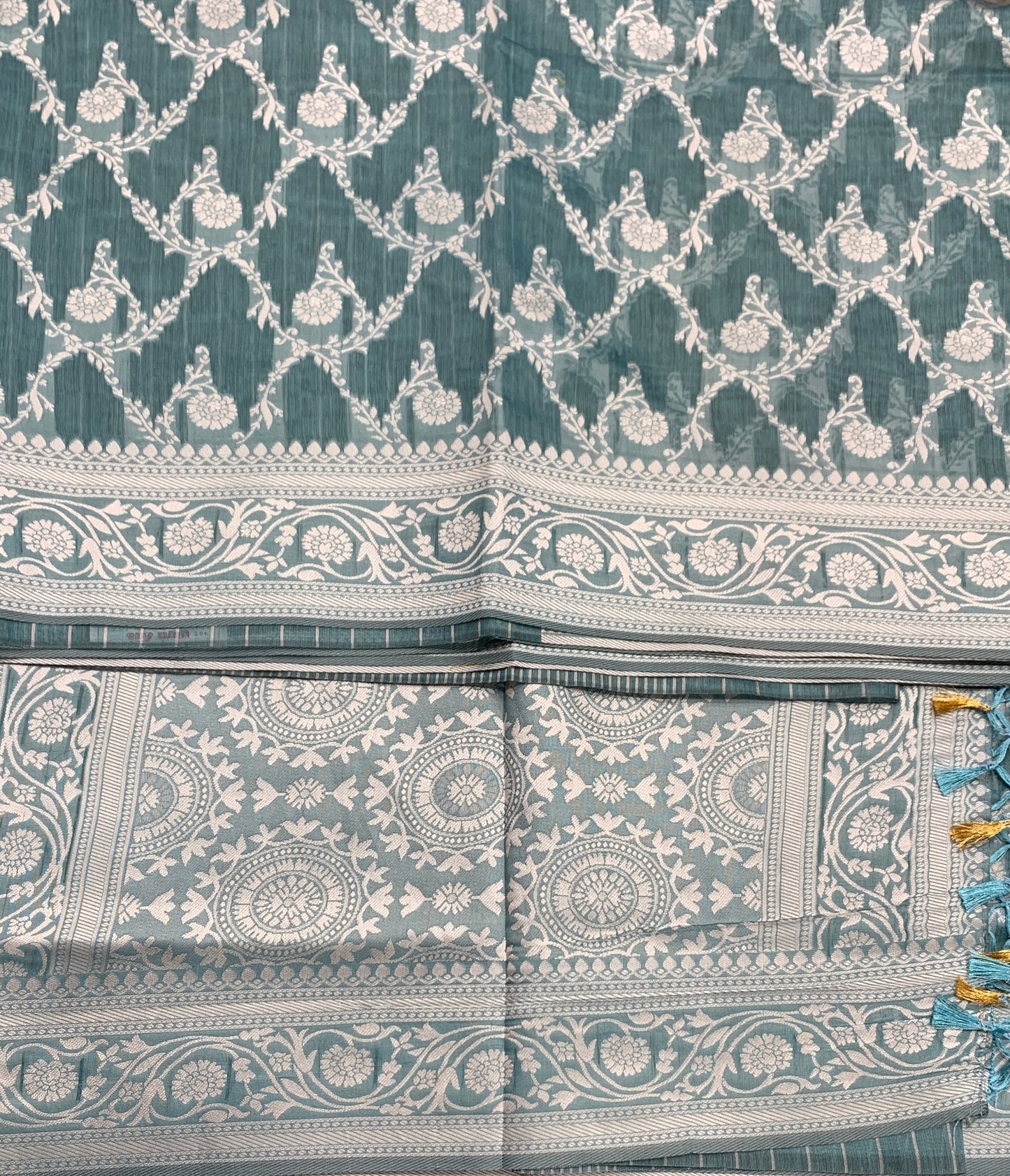 Banaras Katan Saree Greyish Blue Colour with Katan Work Border