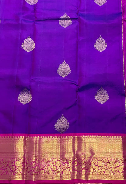 Pure Kanchipuram Silk Saree Purple Colour with Contrasting Pink Border and Gold Detailing
