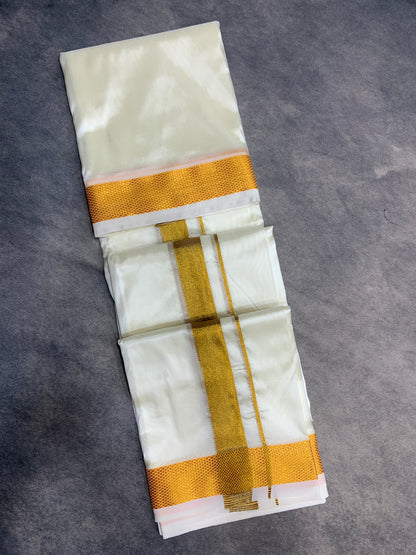 Art Silk Dhoti 8 Mulam Cream with Medium Gold Zari Border