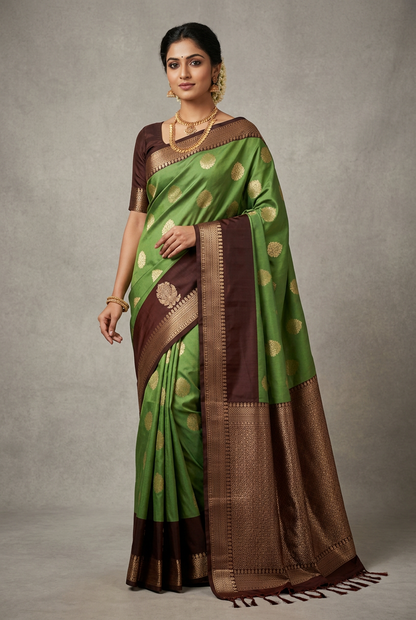 Art Silk Saree Pista Green Colour with Brown Colour Border