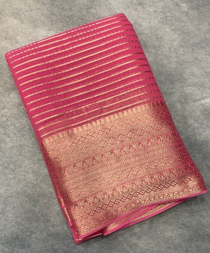 Georgette Saree Baby Pink Colour with Sliver Floral Design Border