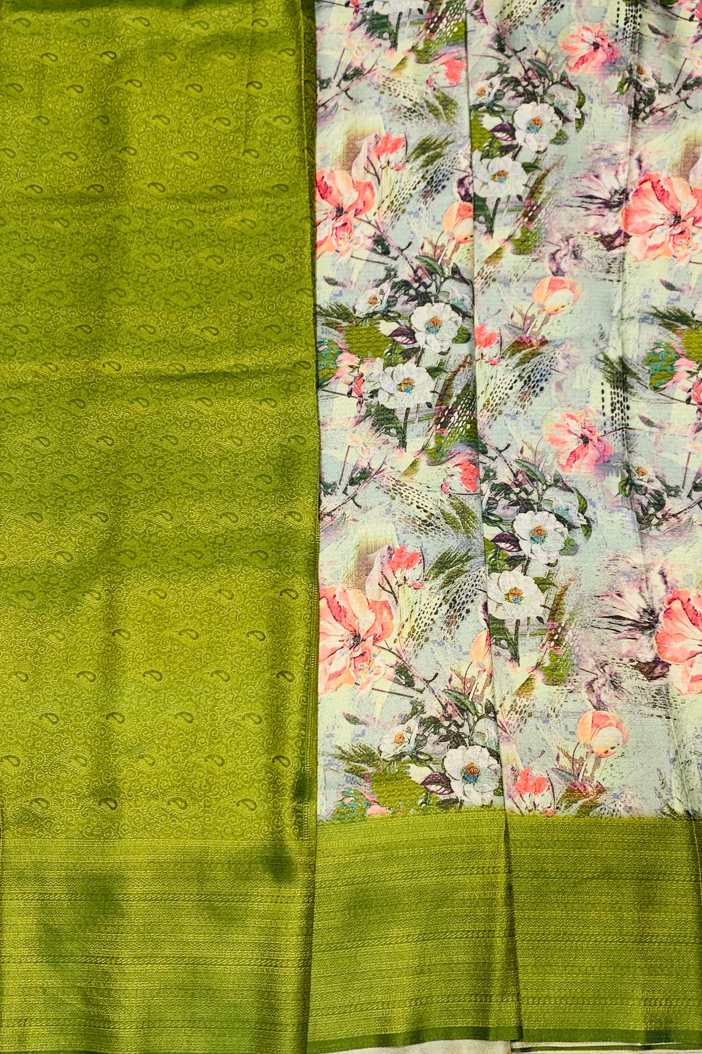 Digital Print Silk Saree Olive Green Colour