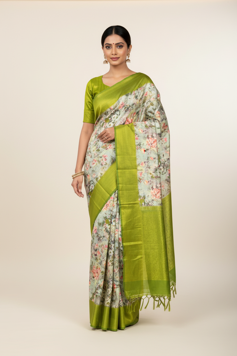 Digital Print Silk Saree Olive Green Colour