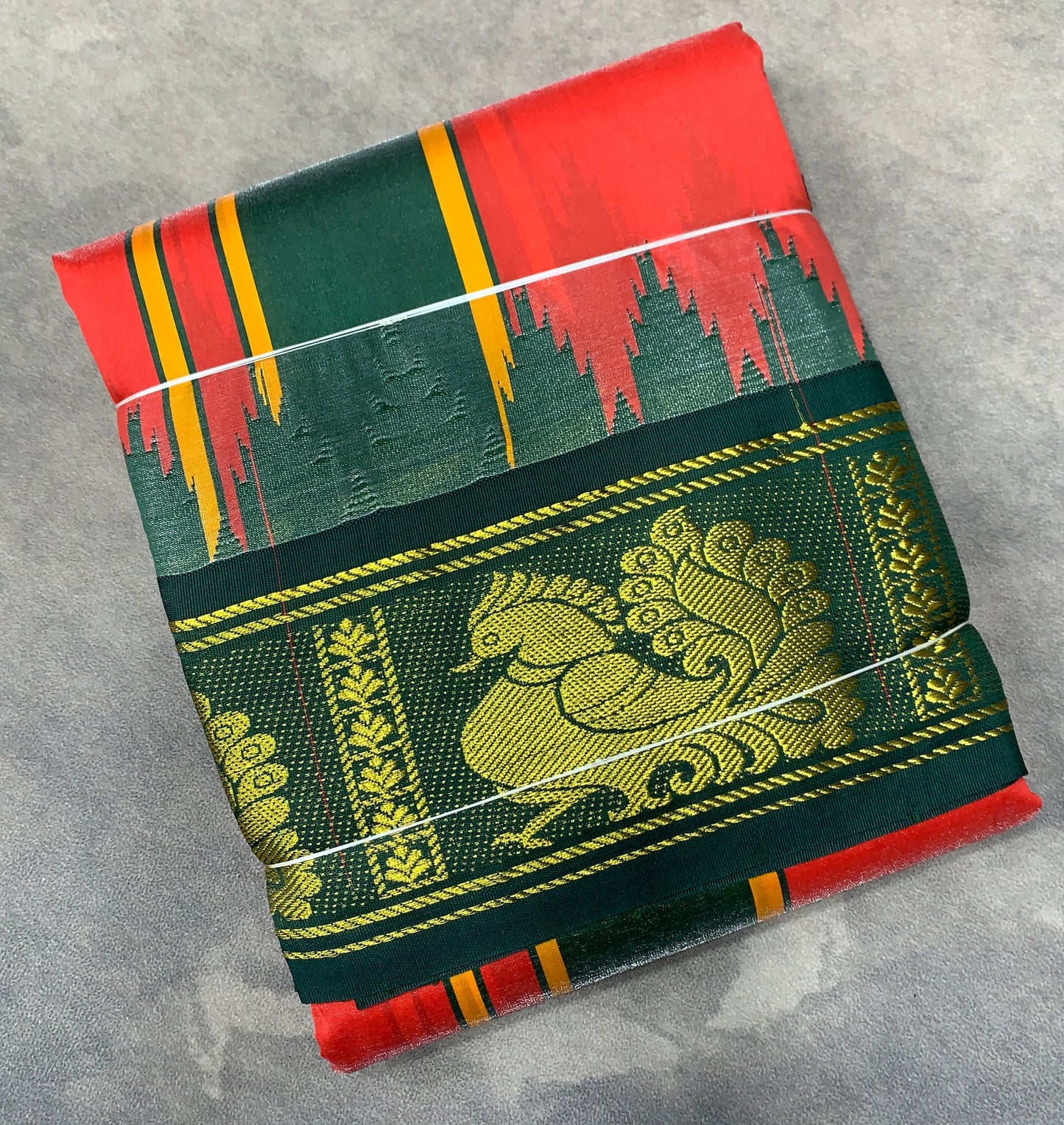 Art Silk Dhothi 9X5 Red Colour with Green and Maroon Colour Ganga Jamuna Border