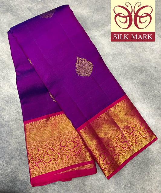 Pure Kanchipuram Silk Saree Purple Colour with Contrasting Pink Border and Gold Detailing