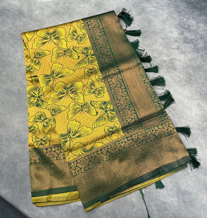 Art Silk Saree Yellow Colour with Butterfly Design
