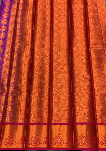 Vegan Silk Saree Purple Colour with Pink and Copper Border