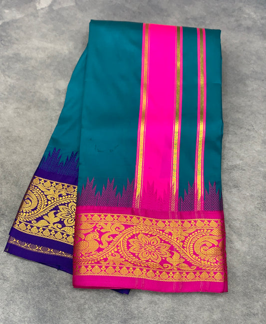 Art Silk Dhothi 9X5 Peacock Green Colour with Pink and Blue Colour Ganga Jamuna Border