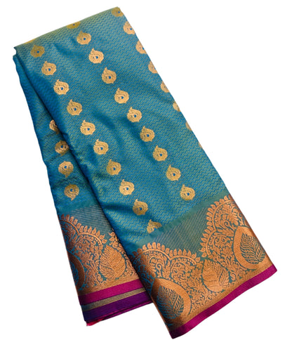 Vegan Silk Saree Pepsi Blue shade with Pink Border