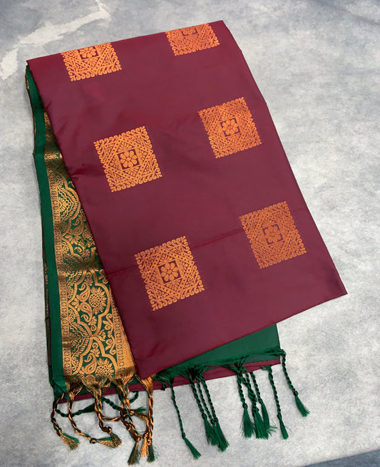 Soft Vegan Silk Saree Brown Colour with Green and Copper Border