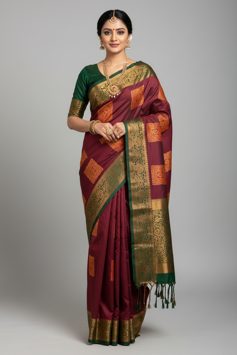 Soft Vegan Silk Saree Brown Colour with Green and Copper Border