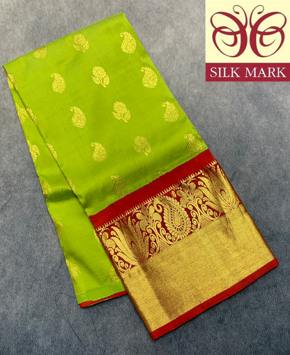 Parrot Green Shade Pure Kanchipuram Kids Pattu Pavadai with Contrast Border for age 2 to 5