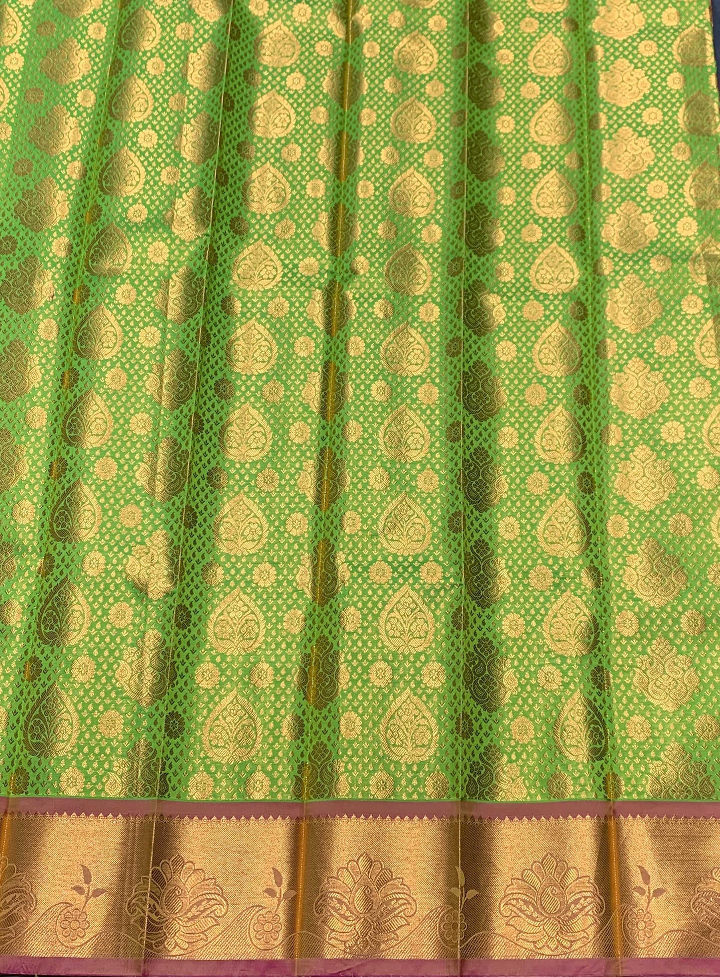 Vegan Silk Saree Light Green Colour with Pink and Copper Border