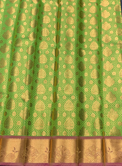 Vegan Silk Saree Light Green Colour with Pink and Copper Border
