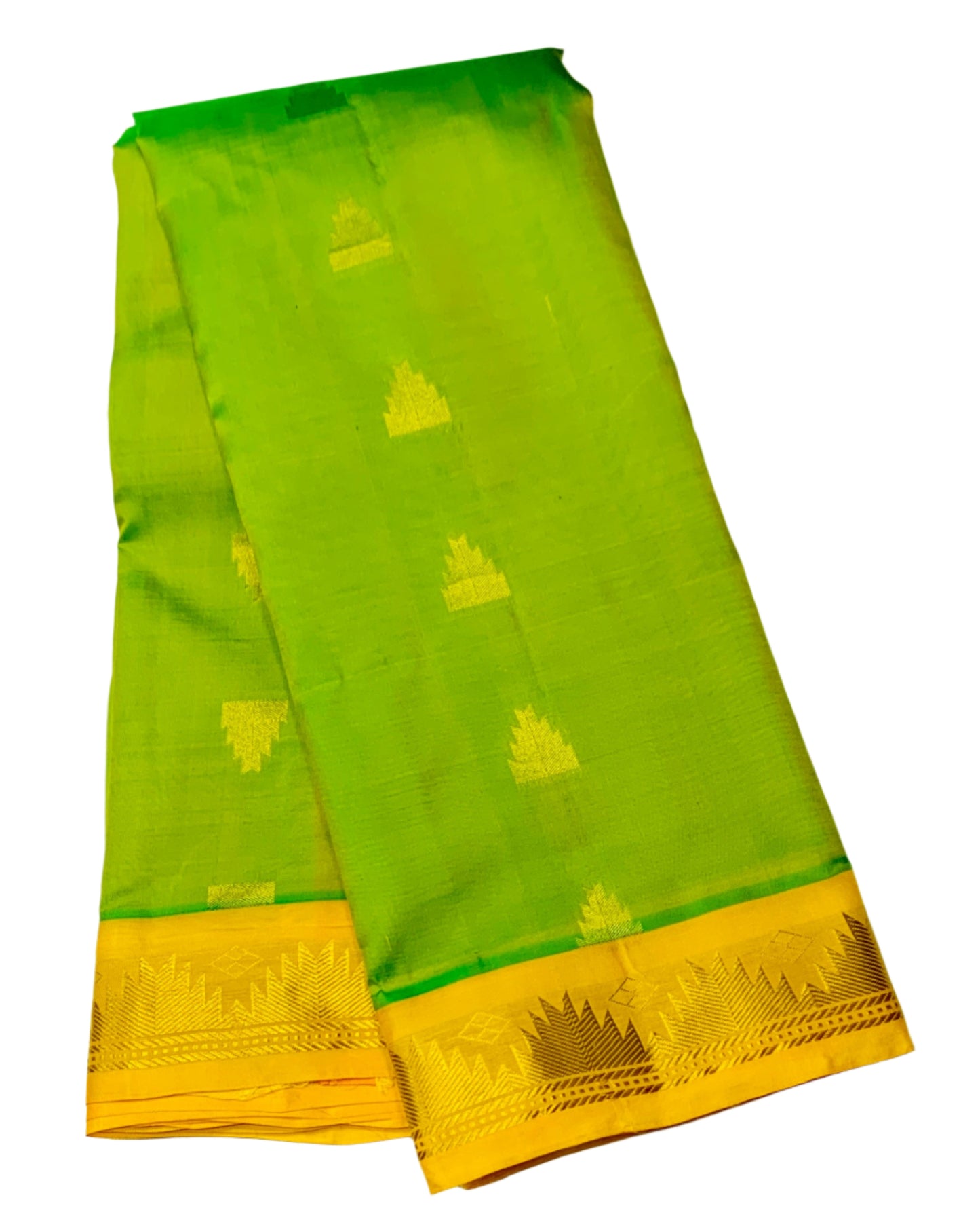 Pure Kanchipuram Silk Sneha Green Colour with Yellow and Gopuram Design Border