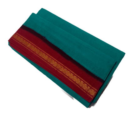 9 yards Cotton Saree Rama Green Colour with Red Border