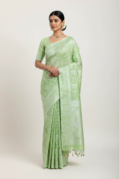Banaras Katan Saree Apple Green Colour with Katan Work Border