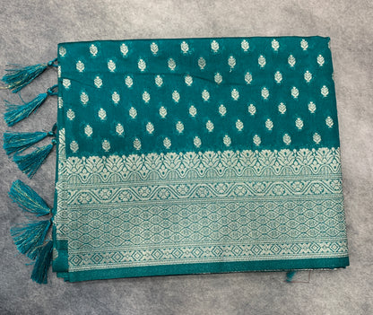 Soft Silk Casual Saree Rama Green Colour with Sliver Colour Border