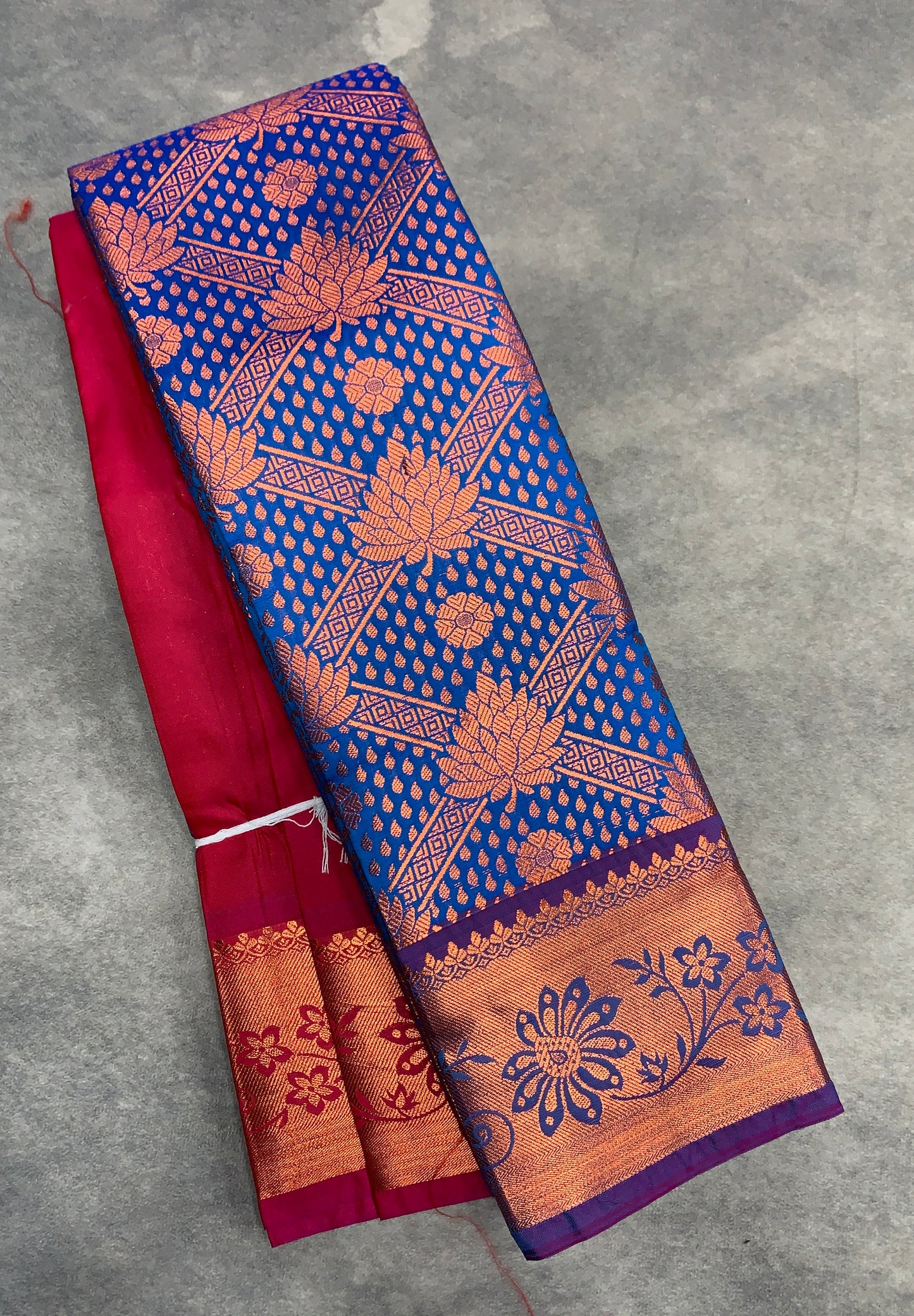 Vegan Silk Saree Blue Colour with Pink and Copper Border