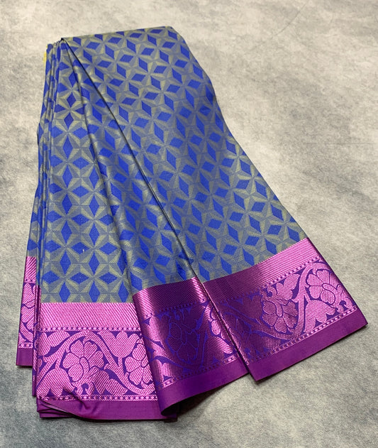 Blue Colour Silk Cotton Saree with Purple Border